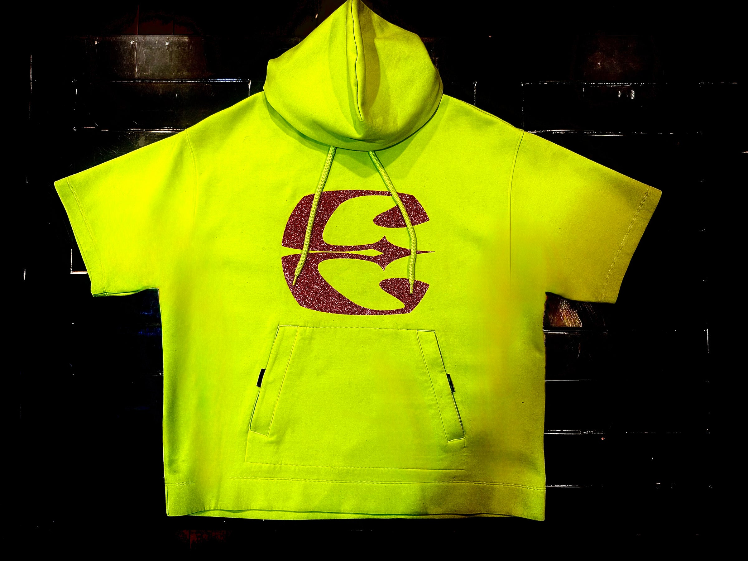 Bourgeoisi-E Ensemble | Neon Green | Short Sleeve Pullover Hoodie with Large Pocket | Viscose Athletic Blend | Fuchsia Sparkl-E